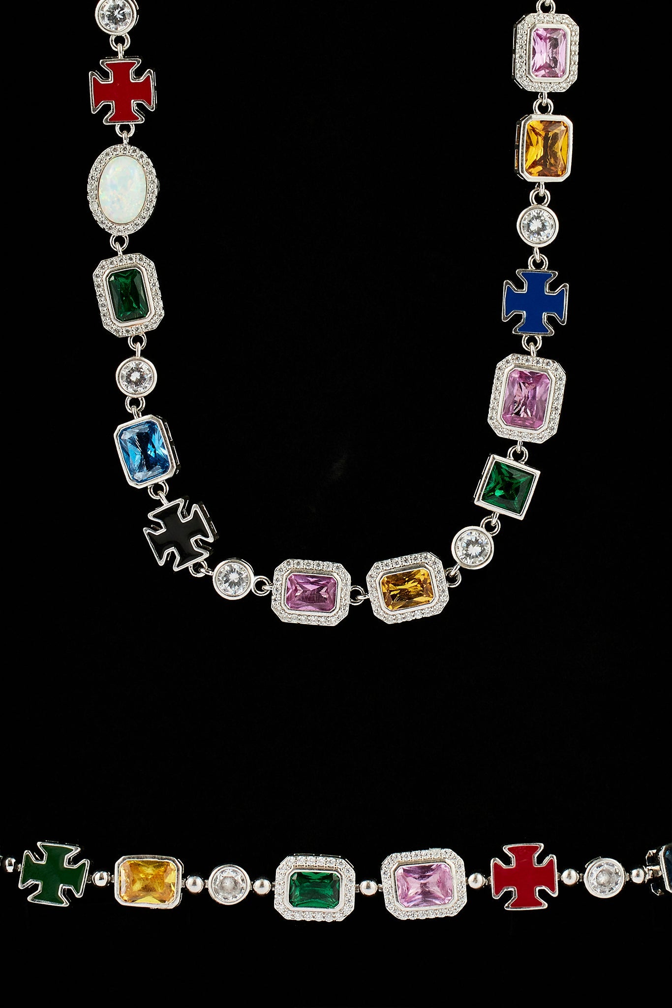 Multi Gemstone Motif Necklace & Bracelet - White - 10mm